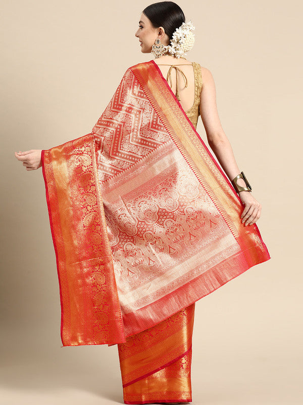 Red Brocade Saree with Woven Zari Striped Design