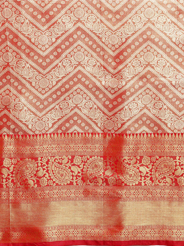 Red Brocade Saree with Woven Zari Striped Design