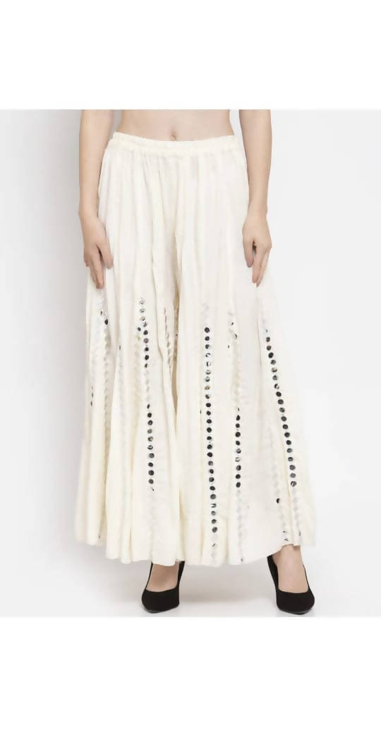 White rayon cotton palazzo pants with detailed mirror flower embroidery