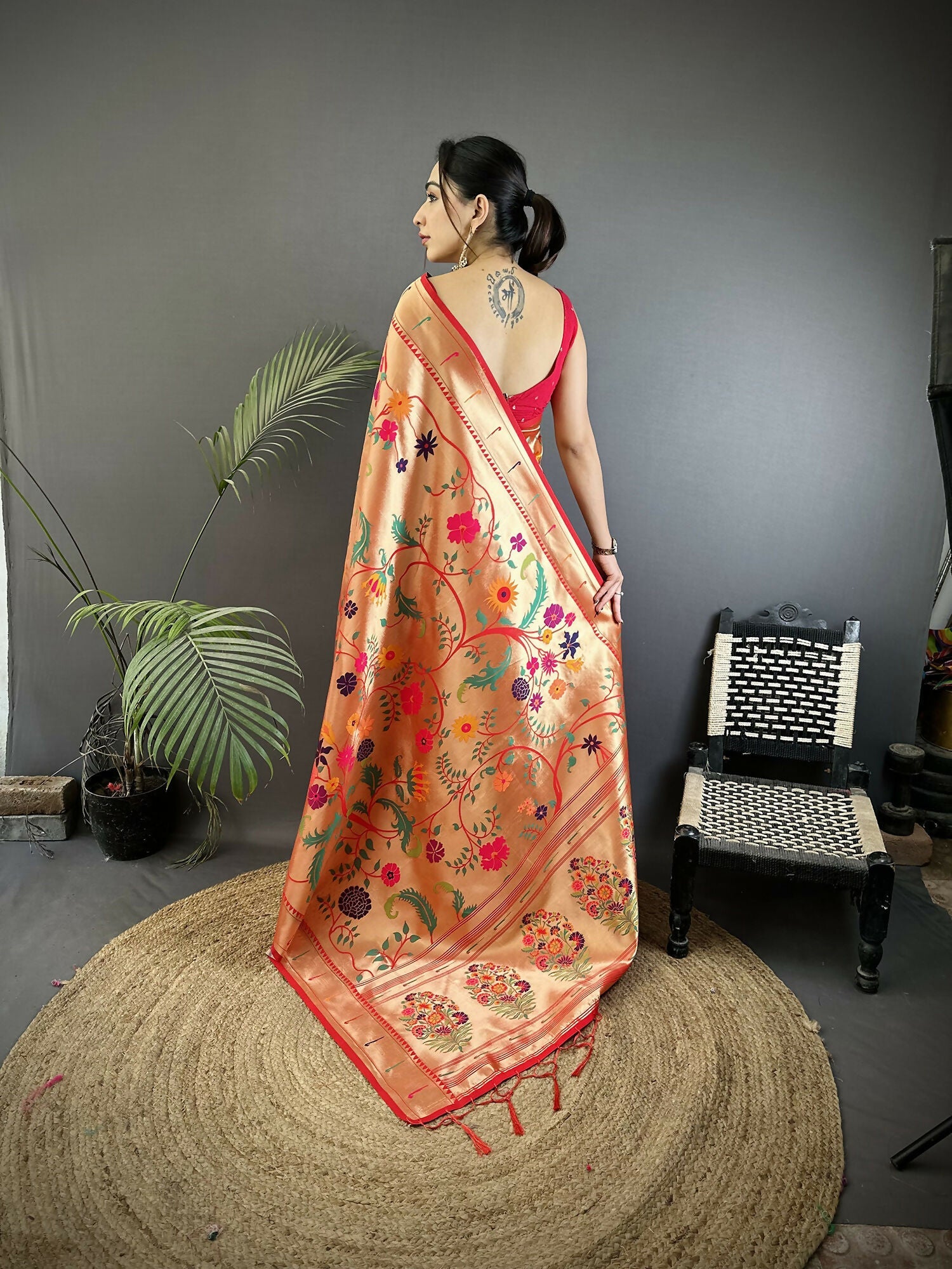 Pastel Red Floral & Bird Motif Soft Silk Paithani Saree