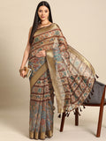 Multicolor Cotton Blend saree featuring traditional Kalamkari prints with an unstitched blouse
