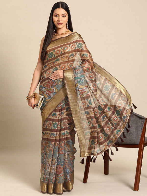 Multicolor Cotton Blend saree featuring traditional Kalamkari prints with an unstitched blouse