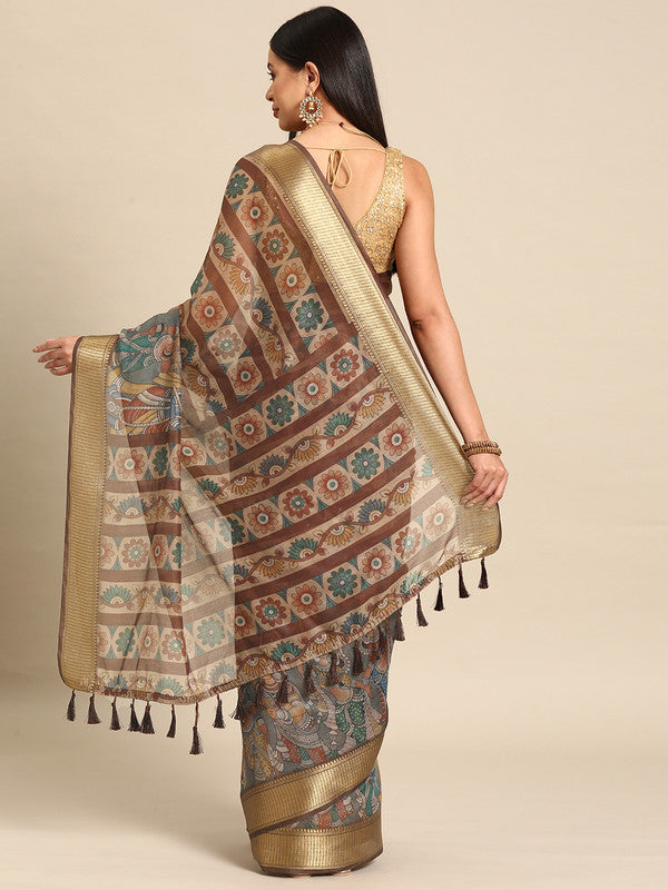 Multicolor Kalamkari Print Cotton Blend Saree with Unstitched Blouse