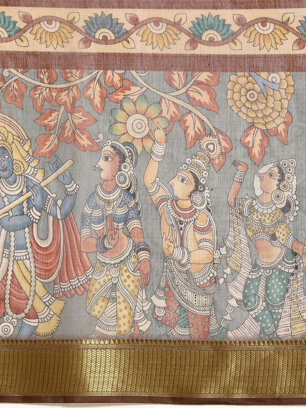Multicolor Kalamkari Print Cotton Blend Saree with Unstitched Blouse
