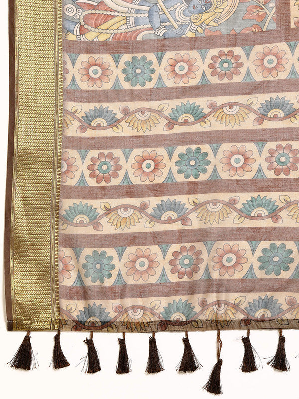 Multicolor Kalamkari Print Cotton Blend Saree with Unstitched Blouse