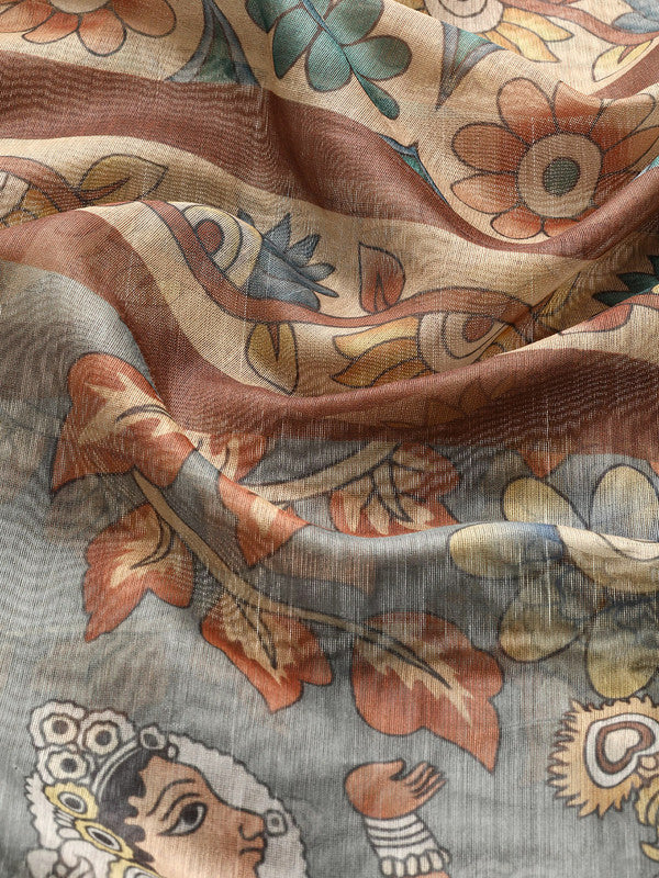 Multicolor Kalamkari Print Cotton Blend Saree with Unstitched Blouse
