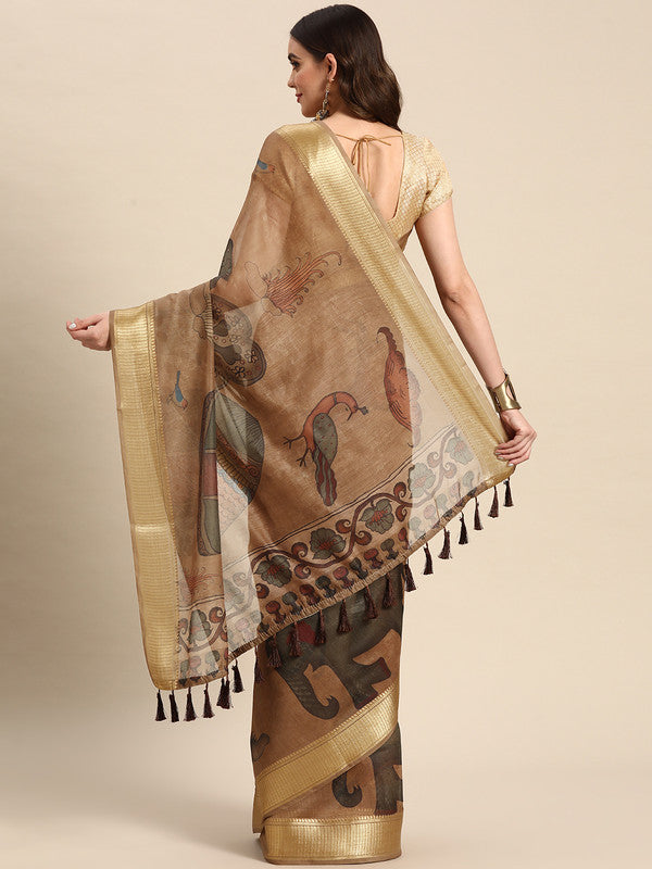 Multicolor Cotton Blend Kalamkari Print Saree with Blouse Piece