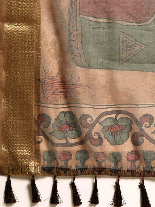 Multicolor Cotton Blend Kalamkari Print Saree with Blouse Piece