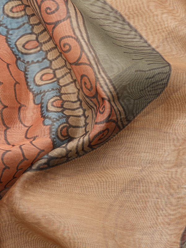 Multicolor Cotton Blend Kalamkari Print Saree with Blouse Piece