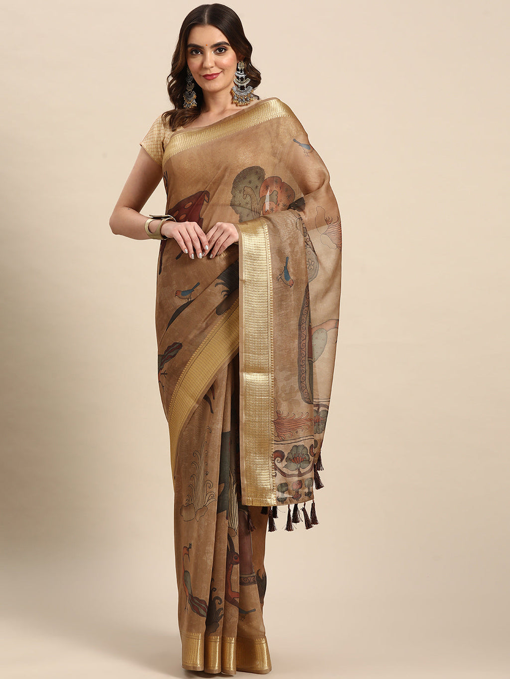 Multicolor Cotton Blend Kalamkari printed saree with brown and gold accents