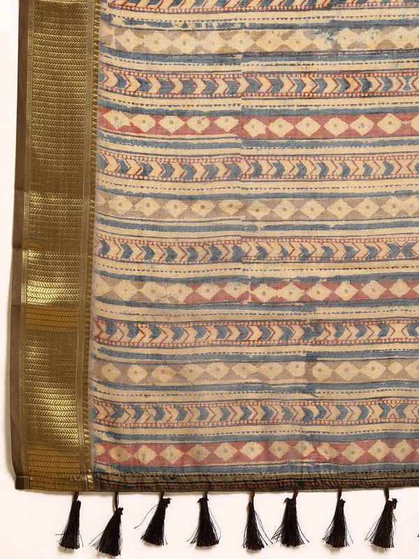 Multicolor Cotton Blend Printed Kalamkari Saree with Unstitched Blouse - Hiral Fashion