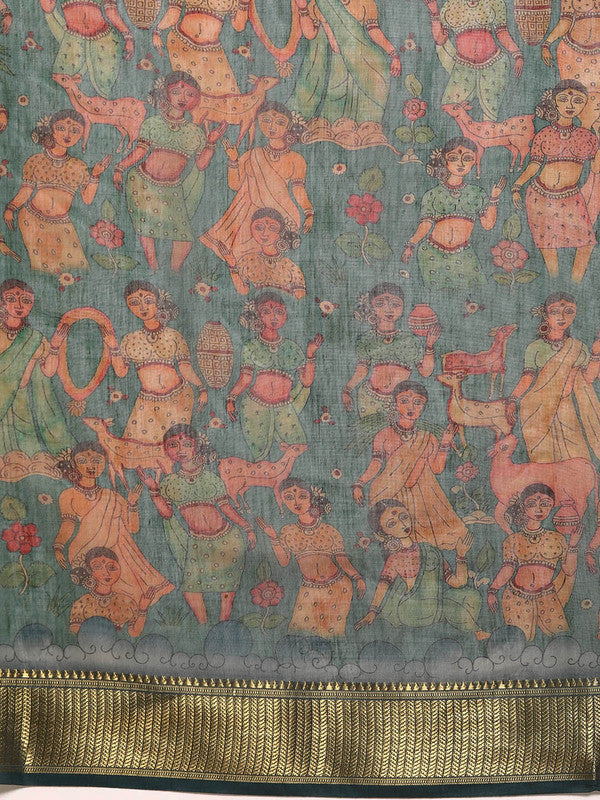 Multicolor Cotton Blend Printed Kalamkari Saree with Unstitched Blouse - Hiral Fashion