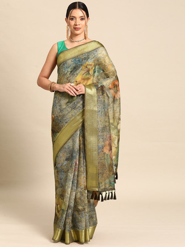 Multicolor cotton blend saree with traditional Kalamkari digital prints.