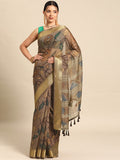 Multicolor Kalamkari printed cotton blend saree with unstitched blouse piece