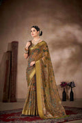 Multicolor cotton blend Kalamkari printed saree with attached unstitched blouse piece