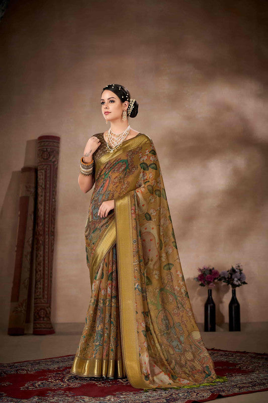 Multicolor cotton blend Kalamkari printed saree with attached unstitched blouse piece