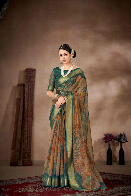 Multicolor Kalamkari printed cotton blend saree with unstitched blouse piece