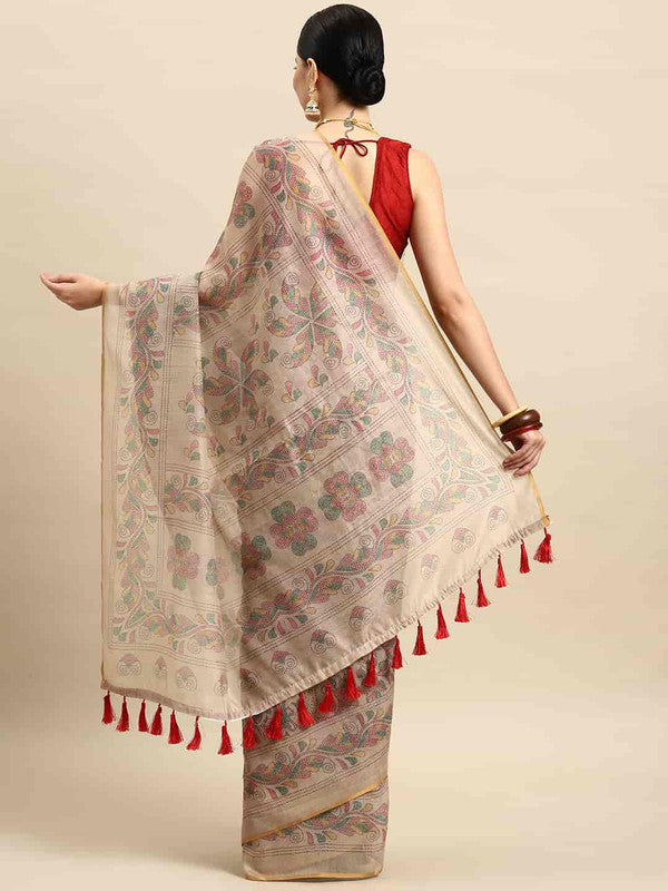 Multicolor Cotton Blend Printed Kalamkari Saree with Unstitched Blouse - Hiral Fashion