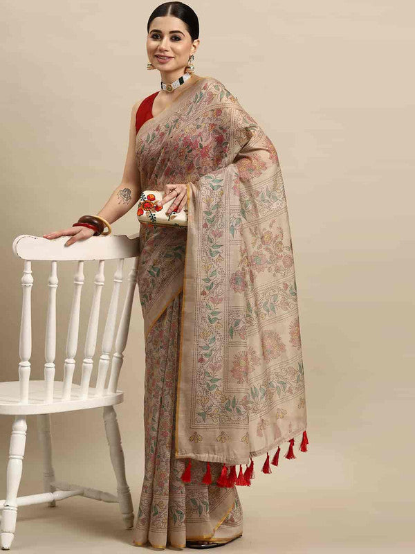 Multicolor Cotton Blend Printed Kalamkari Saree with Unstitched Blouse - Hiral Fashion