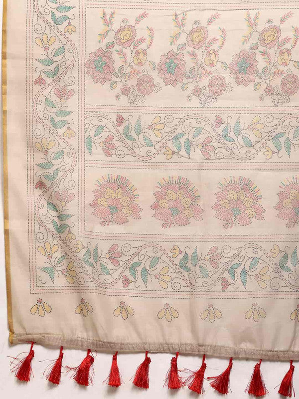 Multicolor Cotton Blend Printed Kalamkari Saree with Unstitched Blouse - Hiral Fashion