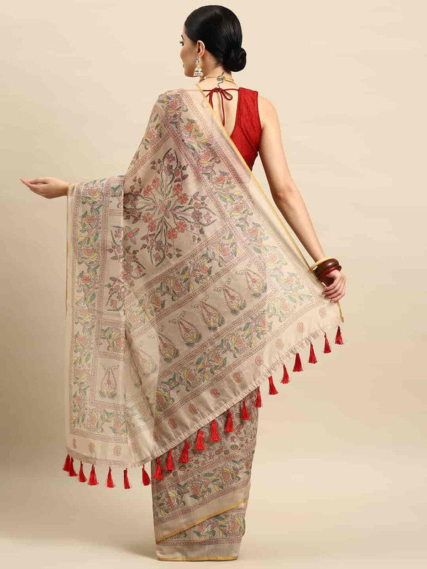Multicolor Cotton Blend Printed Kalamkari Saree with Unstitched Blouse - Hiral Fashion