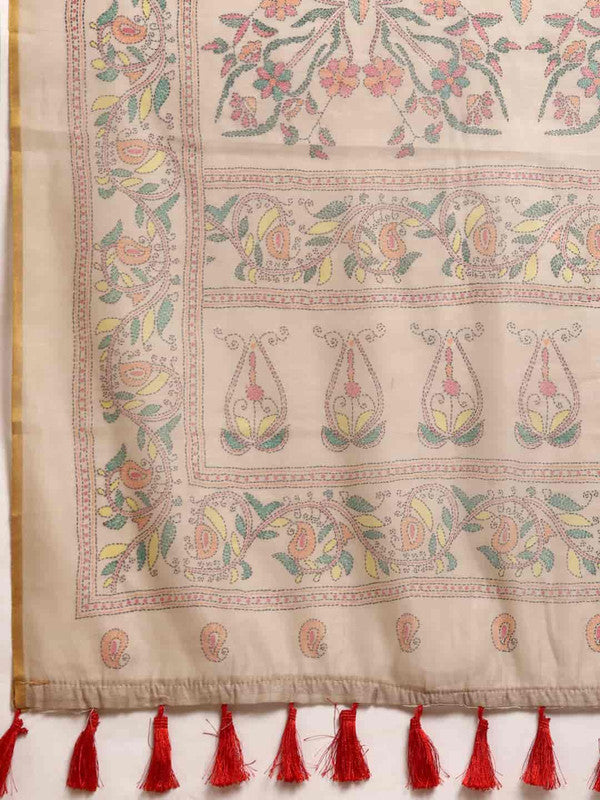 Multicolor Cotton Blend Printed Kalamkari Saree with Unstitched Blouse - Hiral Fashion