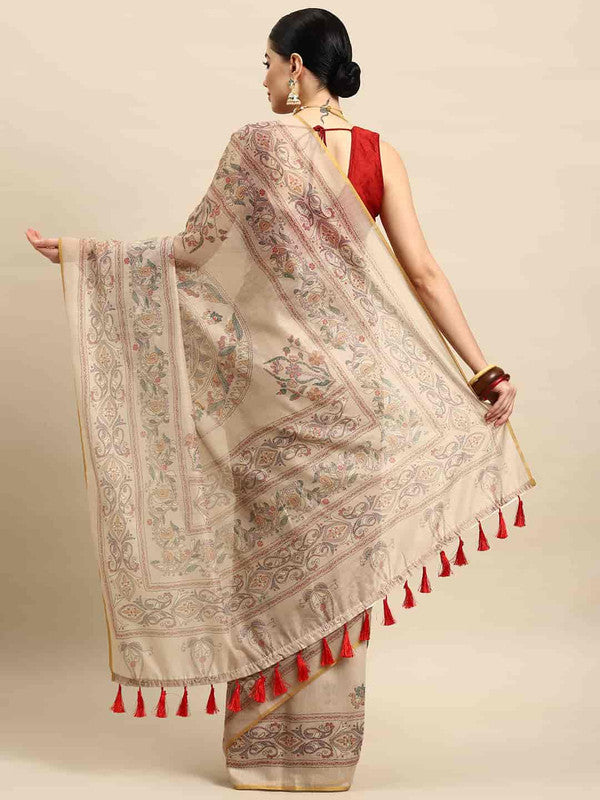 Off-White Multicolor Floral Kalamkari Cotton Blend Saree