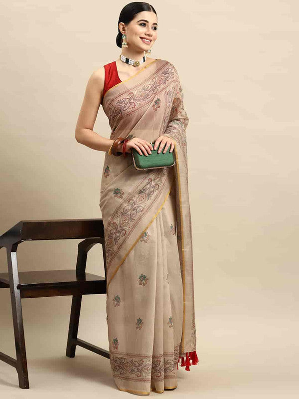 Off-white and multicolor floral Kalamkari cotton blend saree, traditional bohemian style