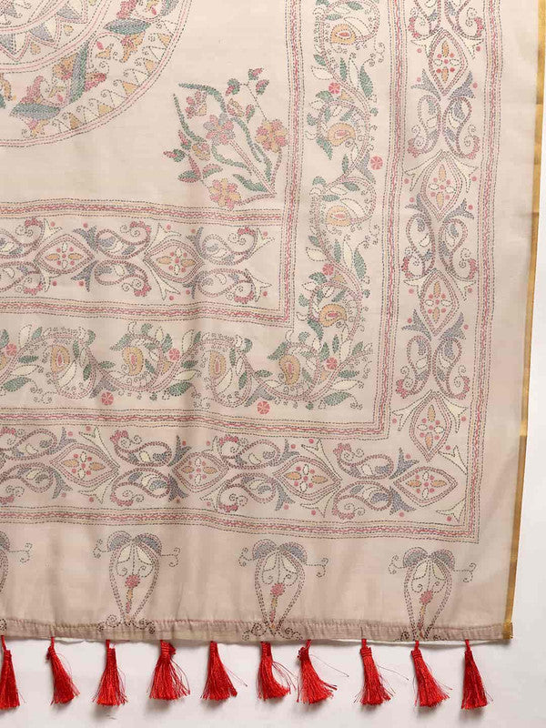 Off-White Multicolor Floral Kalamkari Cotton Blend Saree