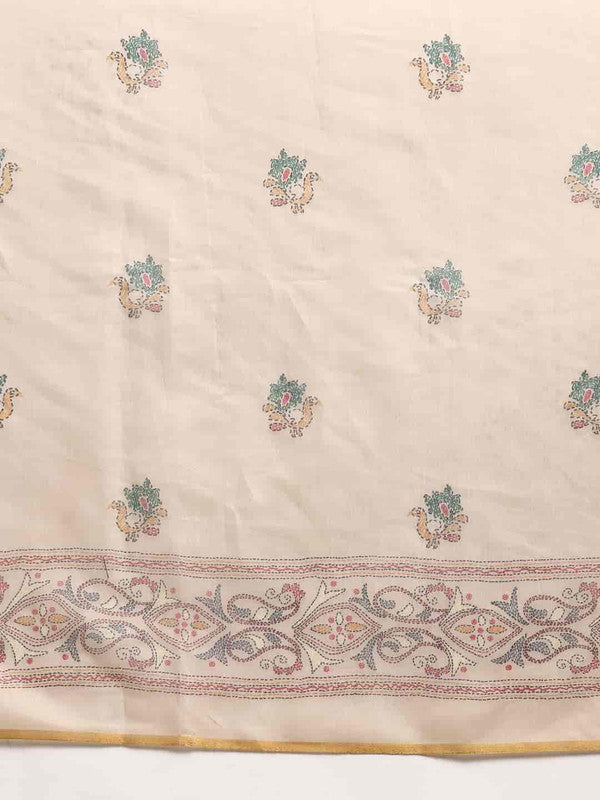 Off-White Multicolor Floral Kalamkari Cotton Blend Saree