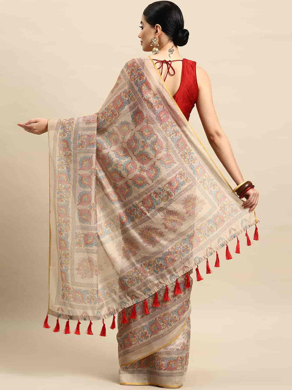 Multicolor Floral Printed Cotton Blend Kalamkari Saree