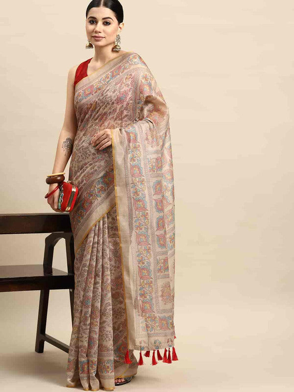 Multicolor Floral Printed Cotton Blend Kalamkari Saree