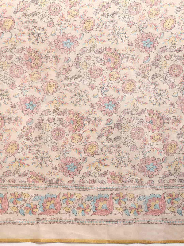 Multicolor Floral Printed Cotton Blend Kalamkari Saree