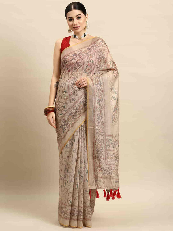 Multicolor Cotton Blend Printed Kalamkari Saree with Unstitched Blouse - Hiral Fashion