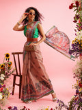 Peach cotton blend saree with traditional Madhubani prints and unstitched blouse piece