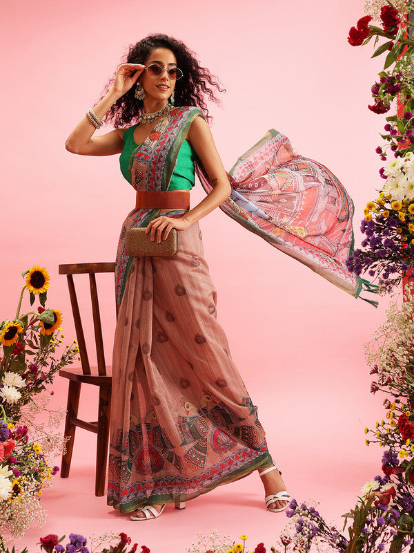 Peach cotton blend saree with traditional Madhubani prints and unstitched blouse piece