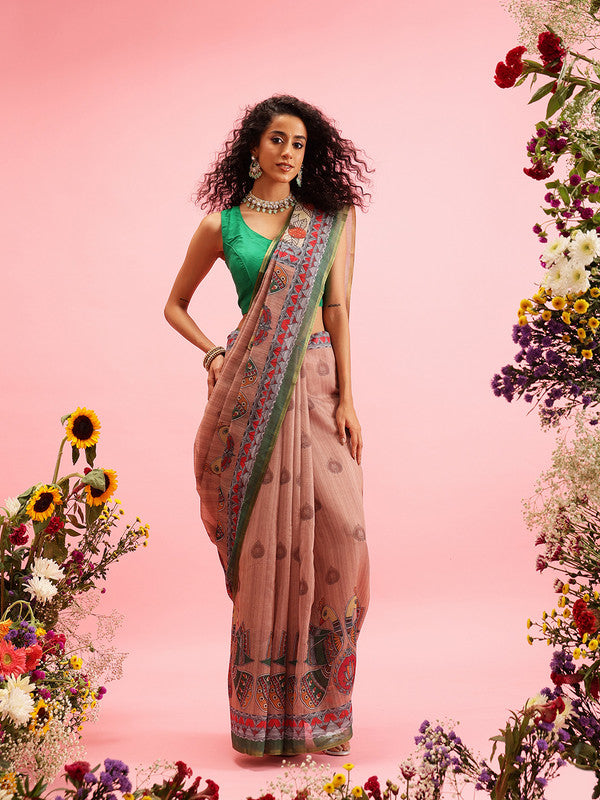 Peach Cotton Blend Saree with Traditional Madhubani Print