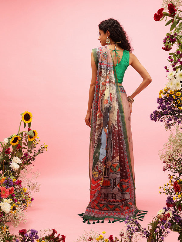 Peach Cotton Blend Saree with Traditional Madhubani Print