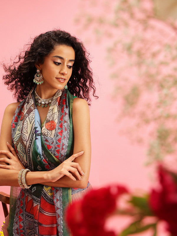 Peach Cotton Blend Saree with Traditional Madhubani Print