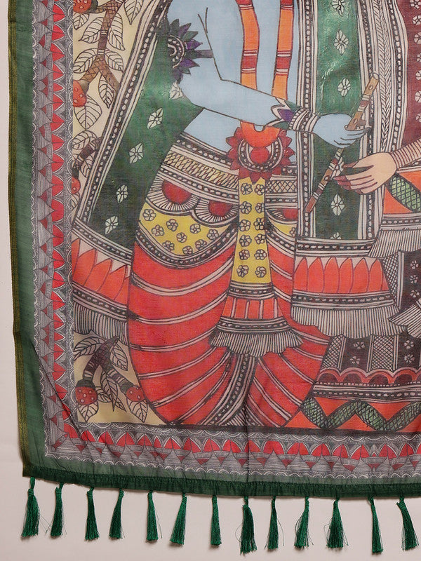 Peach Cotton Blend Saree with Traditional Madhubani Print