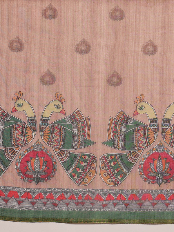 Peach Cotton Blend Saree with Traditional Madhubani Print
