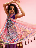 Purple cotton blend saree with traditional Madhubani print and unstitched blouse