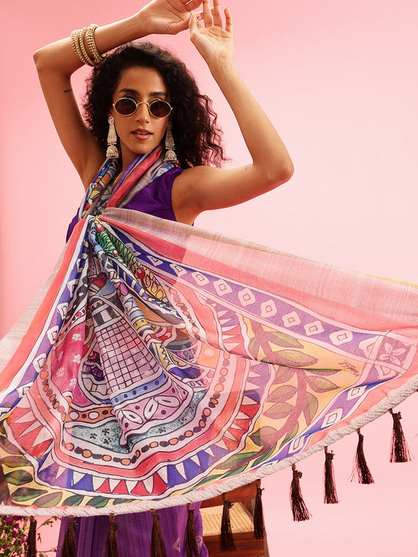 Purple cotton blend saree with traditional Madhubani print and unstitched blouse