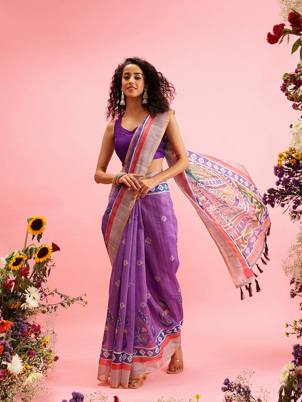 Purple Cotton Blend Madhubani Printed Saree with Blouse