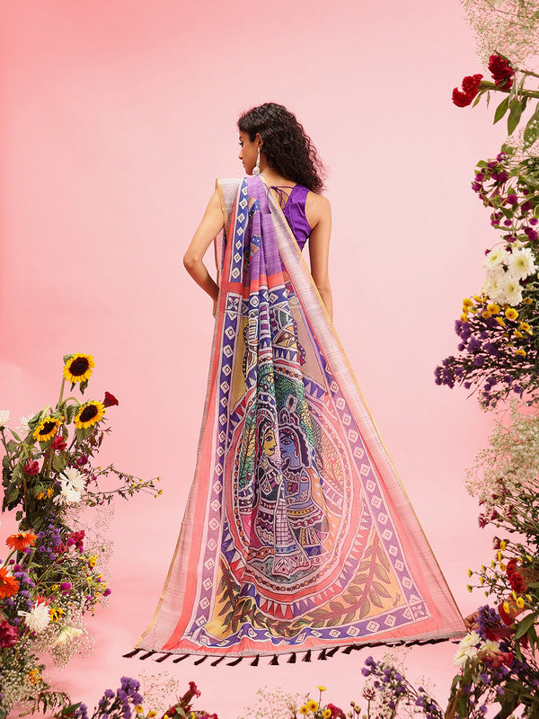 Purple Cotton Blend Madhubani Printed Saree with Blouse