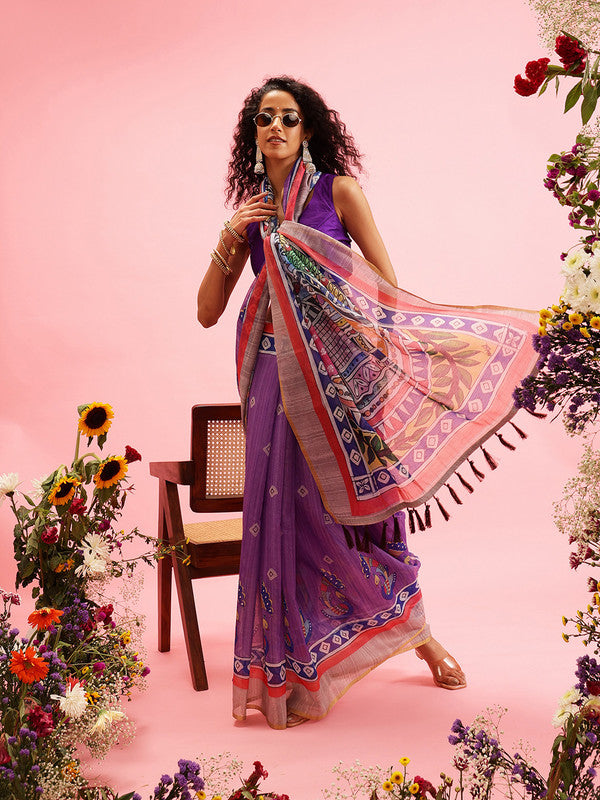 Purple Cotton Blend Madhubani Printed Saree with Blouse