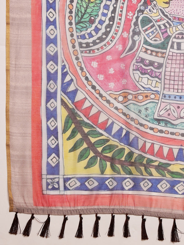 Purple Cotton Blend Madhubani Printed Saree with Blouse