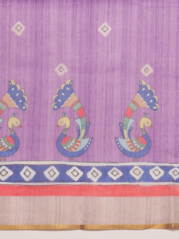 Purple Cotton Blend Madhubani Printed Saree with Blouse