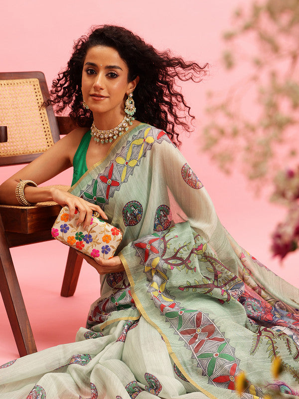 Green cotton blend saree with traditional Madhubani prints and unstitched blouse piece