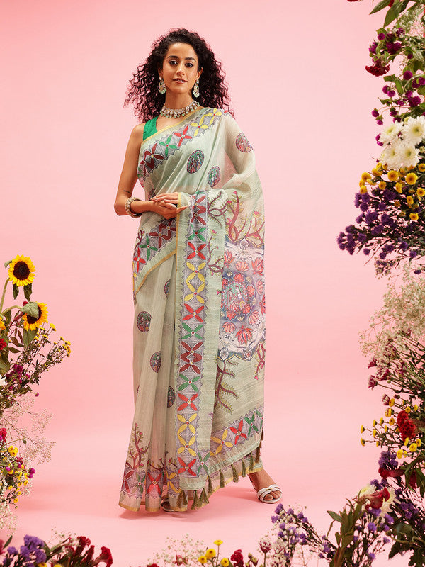 Green Cotton Blend Madhubani Printed Saree with Unstitched Blouse
